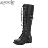 kamames Lace Up Knee High Boots Women Fashion Boots Flats Shoes Woman Square Heel Rubber Flock Boots Botas Winter Buckle Size 43