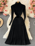 kamames Women Pleated Knitted Dress Turtleneck Long Sleeve Elastic Slim Pencil Dress Autumn Winter Sexy Bodycon Sweater Dress