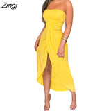 kamames Women Strapless Dress Fashion Solid Color Off-Shoulder Sleeveless Slit Dress with Cropped Hem for Ladies Yellow/White/Grey/Red