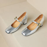 kamames 2024 New Silver Square-Headed Mary Jane Shoes With Thick Heels And Single Shoes With Shallow Mouth Buckle High-Heeled Shoes