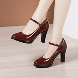 kamames Leather Catwalk High Heel Women's Pointed High Heel Thick-Soled Waterproof Platform Professional Black Work Shoes Large-Size Single Shoes