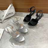 kamames kamames Summer Style With Flower Sequins With Ultra High Heel Transparent Bottom Crystal Thick Heel Women's Singles Shoes Sandal Wedding Bridesmaid Shoes