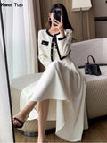 kamames Solid Midi Dress 2 Piece Set Office Lady Chic Suit Spring Short Jacket Sleveless A-line Dresses Outfits Korean Clothes