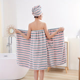 2pcs High Quality Striped Bath Towel Set, 1 Soft Cover Up Towel Skirt + 1 Super Absorbent Hair Drying Towel, Skin-friendly Shower Towel Set Gift, Bathroom Supplies, Home Supplies