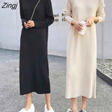 kamames Women Long Sleeve Dresses Midi Dress Elegant Ribbed O-neck Straight Korean Style Trendy Simple High Elasticity All-match Knitted