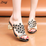 kamames Women Summer Fashion Rhinestone Slipper Sexy Hollow Out Chunky High Heels Sandals Crystal Party Shoes Woman Flip Flops