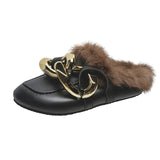 kamames Real Fur Metal Chain Mules Women Shoes Loafers Round Toe Casual Shoes Women Furry Slides Fluffy Hairy Flip Flops