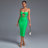 kamames Out Midi Bandage Dress Women Green Bodycon Dress Evening Party Elegant Sexy Midi Birthday Club Outfit 2022 Summer New