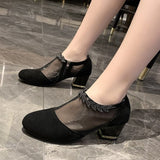 kamames Women's Shoes 2022 Spring Size 43 Flowers Square Heel Sandals Women Breathable Mesh Pointed Toe Summer Rhinestone Sandals Women