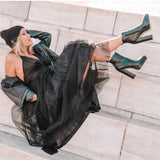 kamames Onlymaker Women Ankle Boots Pointed Toe Black Matte Flock12CM Chunky Heel Platform Booties Party Shoes Large Size Short Boots