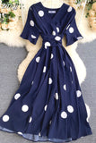 kamames Women Polka Dot Midi Dress Vintage V-Neck Short Flare Sleeve Bandage A-Line Vestidos Female Casual Robe New Fashion