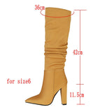 kamames Women Boots Fashion Pleated Knee High Boots Pu Leather Square High Heel Long Boots Slip On Winter Boots Shoes 2021