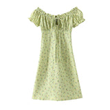 kamames Queens Woman Green Floral Print Sexy Off Shoulder Cotton Patch Mini Dress Ladies Short Sleeve Lace-up Sundress