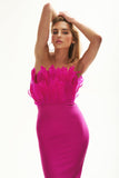 kamames Feather Strapless Midi Bandage Dress - Hot Pink