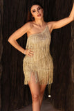 kamames One Shoulder Metallic Fringe Mini Dress - Gold