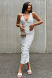 kamames White Mesh Ruched Bodycon Midi Dress