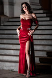 kamames Velvet Off Shoulder Rhinestone Evening Gown - Red