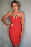 kamames Rhinestone One Shoulder Bandage Cocktail Dress - Red