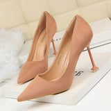 2025 1716-1 Korean version fashionable and sexy pedicure and thin high heels women's shoes thin heels high heels suede light mouth pointed single shoes