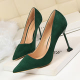 2025 1716-1 Korean version fashionable and sexy pedicure and thin high heels women's shoes thin heels high heels suede light mouth pointed single shoes