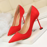 2025 1716-1 Korean version fashionable and sexy pedicure and thin high heels women's shoes thin heels high heels suede light mouth pointed single shoes