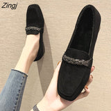 kamames Autumn Winter Women Loafers Low Heels Boat Shoes Square Toe Dress Shoes Chain Faux Suede Plush Warm Ladies Shoes