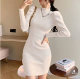 kamames Women Knitting Full Puff Sleeve Base Sweaters Dresses Girls Slim Turtleneck Mini Sheath Knitwear Dress Real Photos