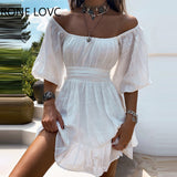 kamames Women Solid Chic A Line Half Long Lantern Sleeves Ruffles Summer Mini Sexy Party Dress