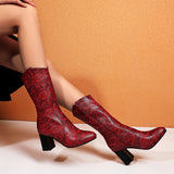kamames Size Women's Shoes 44 45 Fashion Zipper Snake Print Women Mid Calf Boots LadiesThick High Heel Autumn Winter Short Boots