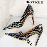 BIGTREE Shoes New Patent Leather Woman Pumps Metal Stone Pattern High Heels Designer Women Heels Stiletto Female Pumps Size 43