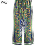 kamames Women Vintage Patchwork Paisley Print Straight Pants Female Chic Elastic Waist Retro Long Trousers Pantalones Mujer P212