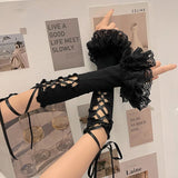 kamames Women's Y2K 2000s Fingerless Gloves Cross Tie-up Elbow Length Arm Warmers Sleeves Lolita Costume Accessories
