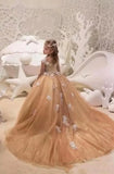 Gold Princess Girls Pageant Dresses Sheer Jewel Neck Cap Sleeve Appliques Beads Ruffles Long Flower Girl Dresses Custom Made Toddler Party Gowns BC0027