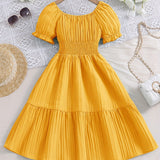 Knee High Girls Elegant Peplum Dress - Shirred, Puff Short Sleeve, Boat Neck, Non-Stretch Polyester, Solid Color, Casual Vacation Dress for Spring and Summer