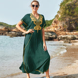 kamames Vintage Embroidery Kaftan Sexy V-neck Batwing Sleeve High Waist Maxi Dress Tunic Women Clothing Summer Beach Dresses Q660