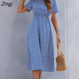 kamames Floral Print Dress Women Summer Dresses 2022 New V Neck Short Sleeve High Waist Blue Midi A-line Dress for office Lady