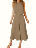 Two-Piece Elegant Outfit - Crew Neck Tank Top & Wide Leg Pants Set - Polyester Solid Color Spring/Summer Wear with Zipper, No Elasticity, Woven Fabric, and Classic Style