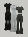 3-Pack Solid Color Two-Piece Outfit - Stylish Crop Top & Flared Pants Set - Perfect for Spring & Summer - Fashion Womens Clothing