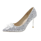 kamames kamames Crystal Silver Bride Shoes 2023 Autumn Tip Chinese Wedding Shoes Silver High Heels High Heels Heel Sequins