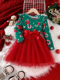 Girls' Winter Christmas Party Princess Dress With Mesh Hem & Lining, Holiday Fun Long Sleeve Christmas Dress With Ribbon Belt, Party Gift