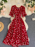 kamames Women Polka Dot Midi Dress Vintage V-Neck Short Flare Sleeve Bandage A-Line Vestidos Female Casual Robe New Fashion