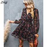 kamames PETAL Black Floral Chiffon A-Line Mini Dress Woman Sexy V-neck Long Sleeve Party Dress 2023 Spring Autumn Female Sundress