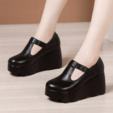 kamames Heel Slope Shallow Mouth Single Shoes 2023 Autumn New Muffin Thick Bottom Waterproof Table Round Head Large Size Female Mother Shoes