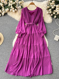 kamames Women Draped Long Dress Vintage V-Neck Lantern Sleeve High Waist A-Line Pleated Maxi Vestidos Purple/Red/Blue Robe New