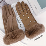 Thick Soft Plush Cuff Gloves Rhinestone Decor PU Leather Gloves Autumn Winter Windproof Touchscreen Gloves