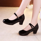 kamames Medium Heel Square Dance Shoes Cheongsam Model Catwalk High Heels Women's Lacquered Leather Waterproof Platform Large Size Dance Shoes