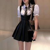 kamames Women Dress Sets Preppy Style Slim High Street Girl Sweet Ins Puff Sleeve Shirts Pleated Dresses Student Harajuku Ulzzang JK Hot