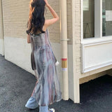 Zingj Y2K Tie Dye Tulle Sheer Dress Women Sexy Spaghetti Strap Midi Dress Streetwear Harajuku Mesh See Through Loose Sundress