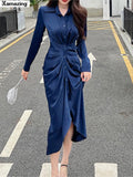 Zingj Autumn Women Fasion Split Midi Dress Office Lady Casual Bodycon Dress Chic Female Shirt Dress