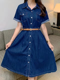 Chic Single-Breasted Denim Dress - Short Sleeve with Belted Waist - Elegant Lapel Casual Washed Style - Womens Premium Jeans Clothing